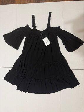 Forever 21 Black Off-Shoulder Tiered Dress with Braided Straps ptp14 L32